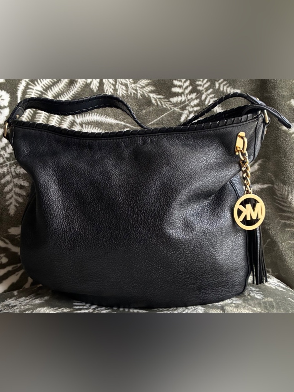 Michael Kors Black Pebbled Leather Shoulder Hobo with Gold MK Charm